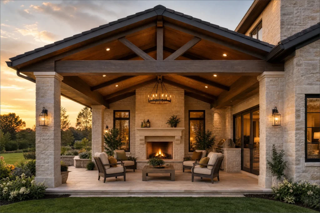Gabled covered patio attached to a stone house with outdoor fireplace and lounge chairs