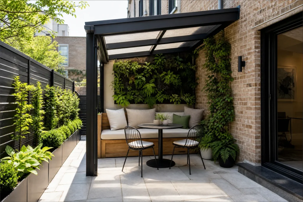 Compact covered patio attached to townhouse with bistro table, bench, and vertical garden