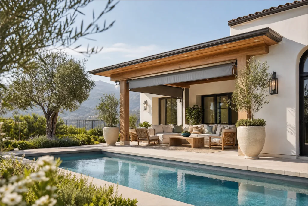 Poolside covered patio attached to a Mediterranean-style house with outdoor lounge seating