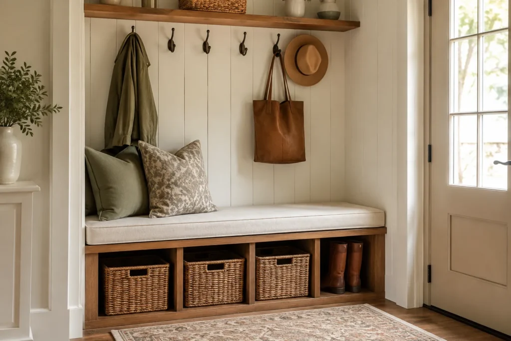 wooden mudroom bench