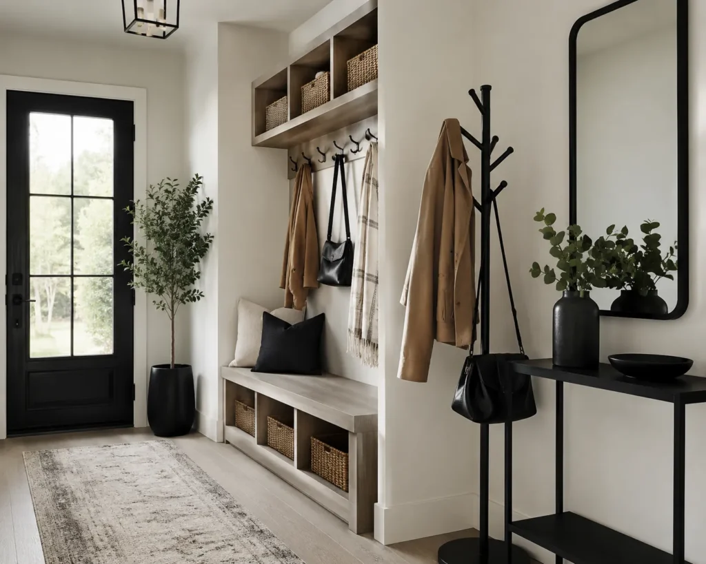 modern entryway with black accents