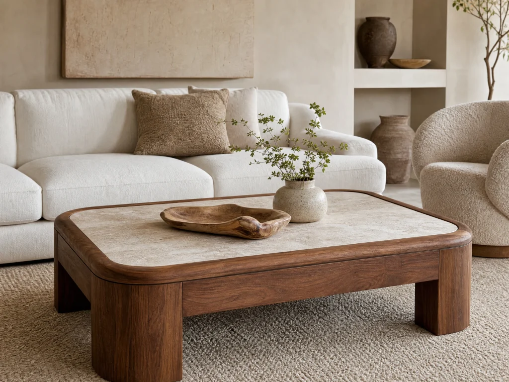 Rustic Wood and Stone Coffee Table Combination