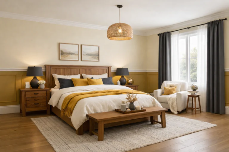 **Alt Text:** Infographic titled “9 Master Bedroom Paint Ideas 2026: Trending Color Schemes” featuring stylish leaf-shaped paint swatches in beige and gold, earthy green, moody gray, navy coastal, soft yellow, deep plum, boho neutrals, black accent wall, and zen-inspired neutral palettes arranged in a Pinterest-style layout.